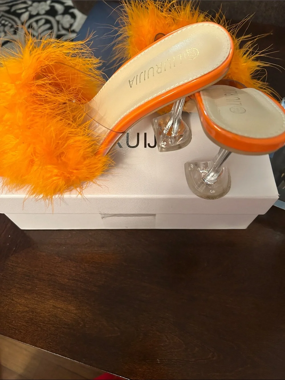 Fuzzy Feather Slide Sandal - Orange